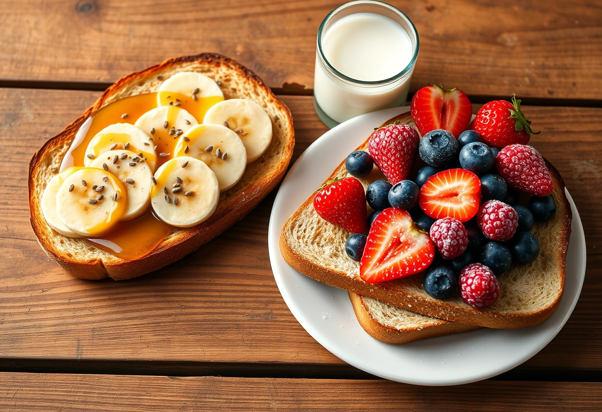 A beautifully styled breakfast scene featuring toast topped with banana slices, a drizzle of honey, and sprinkled with chia seeds, next to a glass of milk.