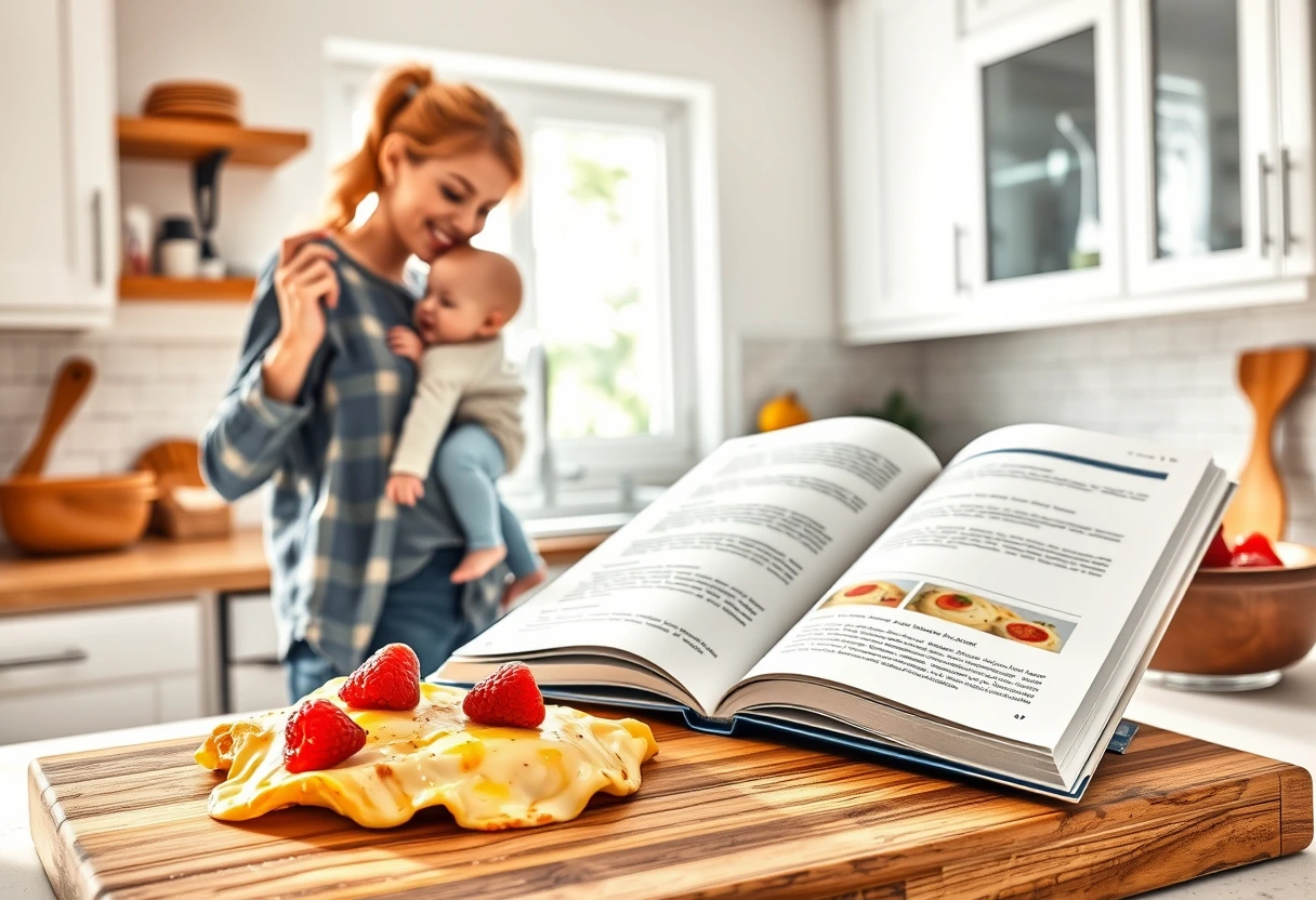 A busy mom juggling a child and a cookbook, with a steaming plate of scrambled eggs in the foreground, illustrating quick and easy breakfast solutions for Busy Mom's Go-To Egg Recipes for Easy Breakfasts.