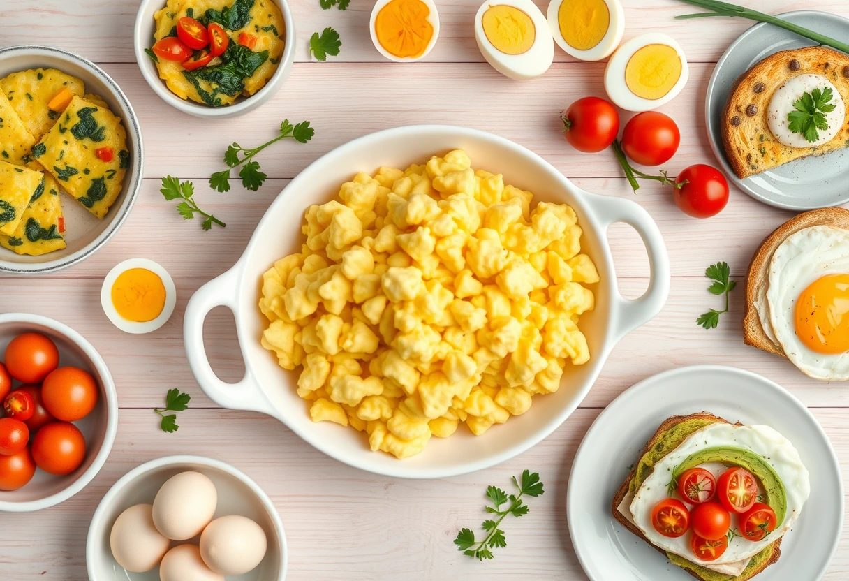 A spread of various delicious and easy-to-make egg dishes, including fluffy scrambled eggs, mini frittatas, and perfectly boiled eggs, illustrating a collection of Busy Mom’s Go-To Egg Recipes for Easy Breakfasts.