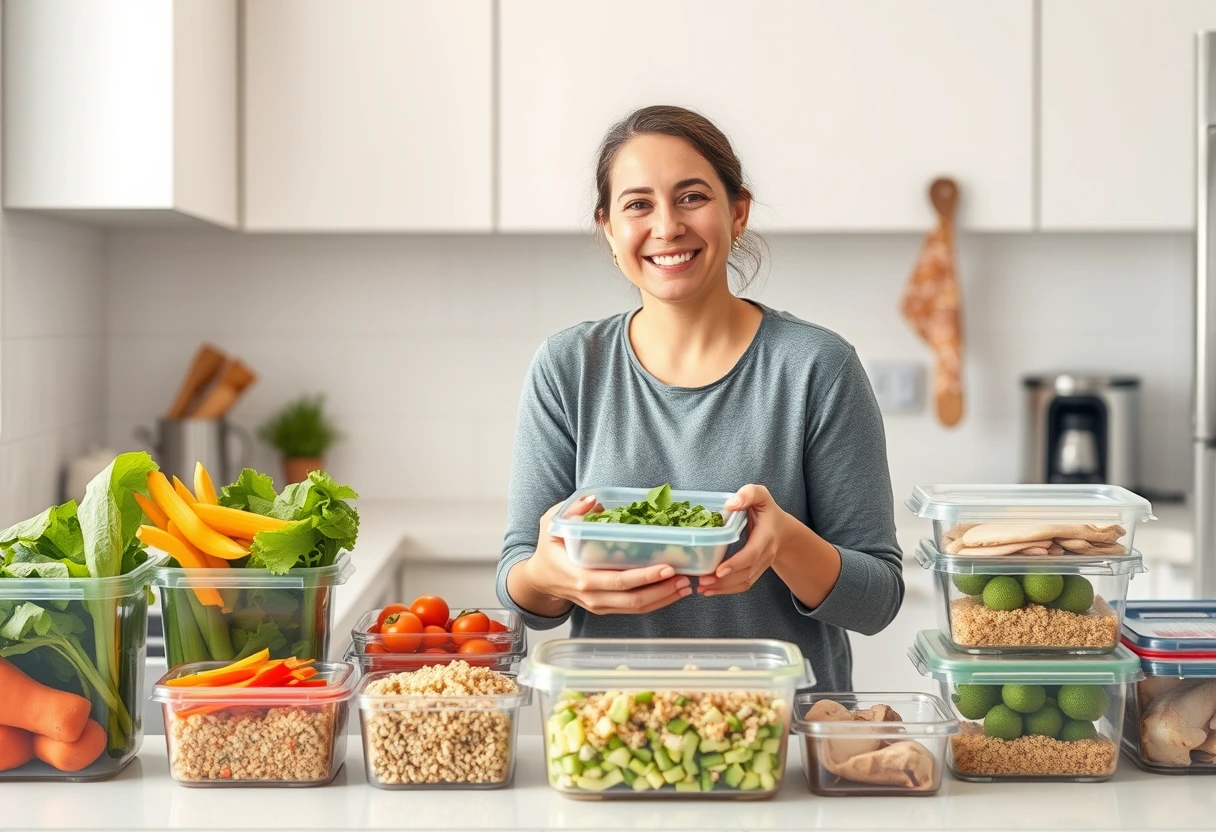 A busy mom smiling while effortlessly preparing ingredients for multiple meals in a tidy, modern kitchen, showcasing efficient family recipe planning.