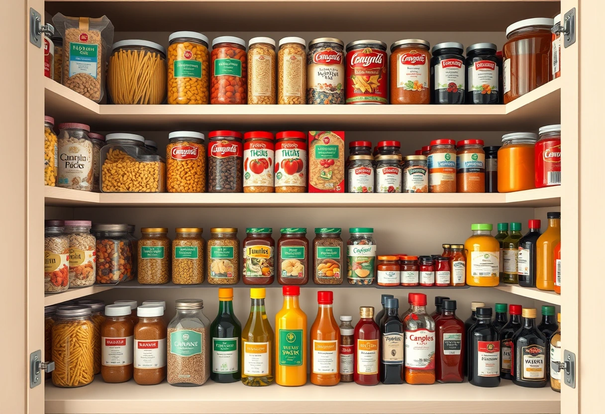 A well-organized pantry stocked with versatile ingredients like pasta, canned goods, and spices, representing essential supplies for a Busy Mom's Go-To Family Recipe Collection.