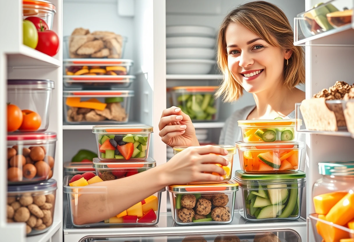 A busy mom smiling while organizing pre-prepped containers of kid-friendly snacks in a fridge, showcasing efficient snack preparation for kids.