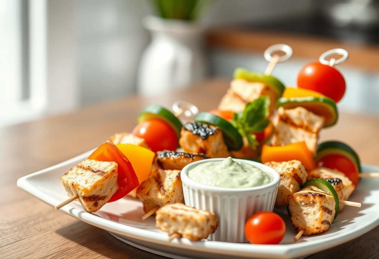 Healthy mini chicken and veggie skewers on a plate, ideal kid-friendly snack ideas for busy moms.