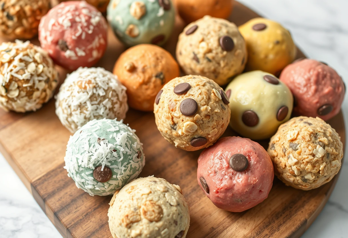 Colorful homemade energy bites on a plate, a perfect no-bake busy mom’s go-to kid snack recipe.