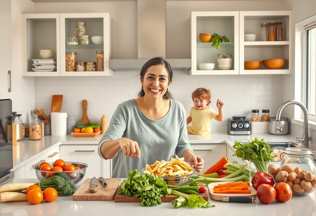 A busy mom smiling while effortlessly preparing a meal in a modern, clean kitchen, surrounded by neatly organized pantry staples and fresh ingredients for quick family recipes. Her child plays happily in the background, suggesting a serene and efficient domestic scene.