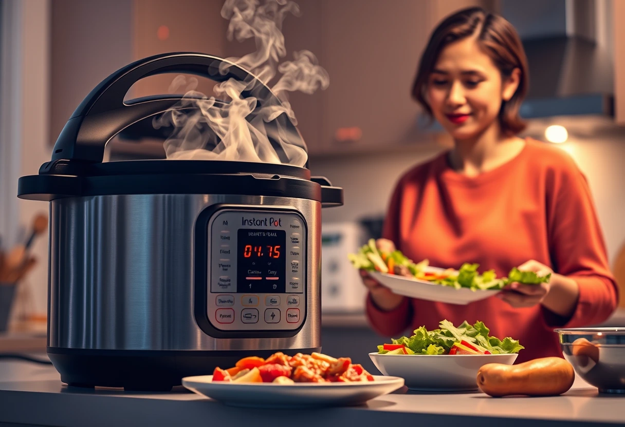A modern Instant Pot simmering a delicious meal, with steam rising gently. A busy mom is nearby, quickly preparing a side salad, with a contented look on her face, knowing a wholesome, quick family meal is almost ready without much fuss.