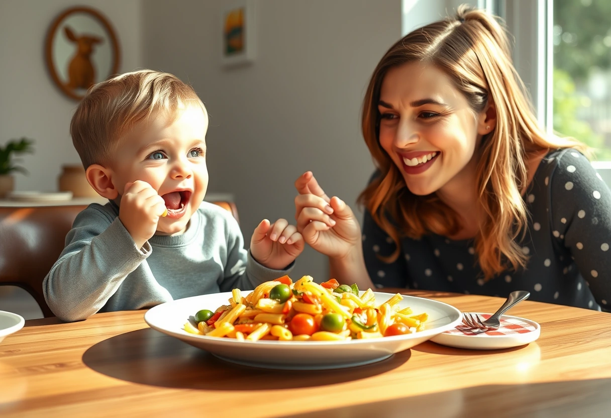 A child enthusiastically eating a plate of colorful pasta with hidden vegetables, with a delighted mom looking on. The scene embodies a successful, quick family meal, demonstrating how busy moms find creative solutions for nutritious dinners.