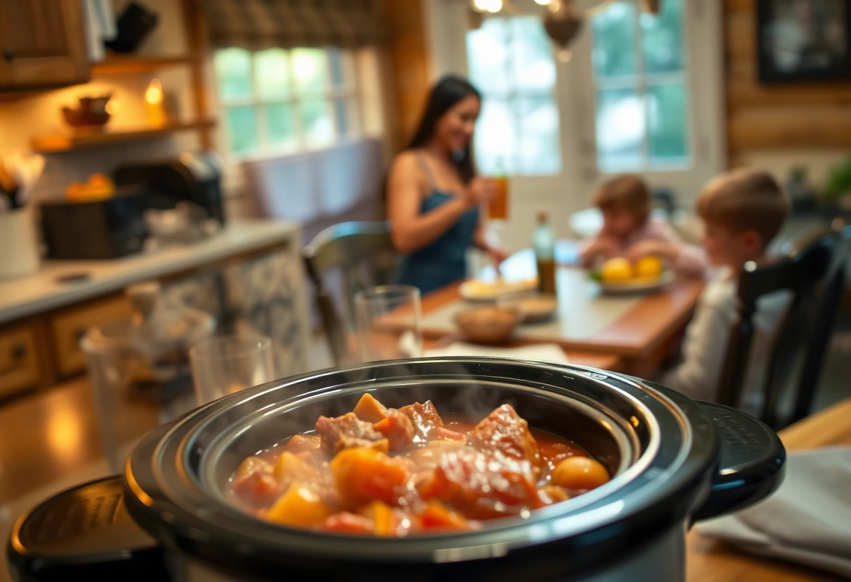 A slow cooker bubbling with a delicious, family-sized stew in a cozy vacation rental kitchen, emphasizing the ease of preparing quick family vacation recipes. A busy mom smiles in the background, enjoying stress-free travel meals for moms.