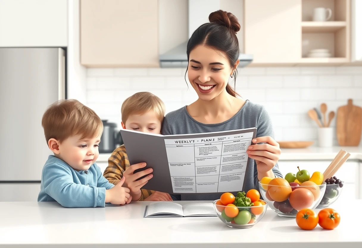 A young mother with two children reviewing a weekly meal plan on a kitchen counter, showcasing a busy mom’s guide to easy, balanced family meals.