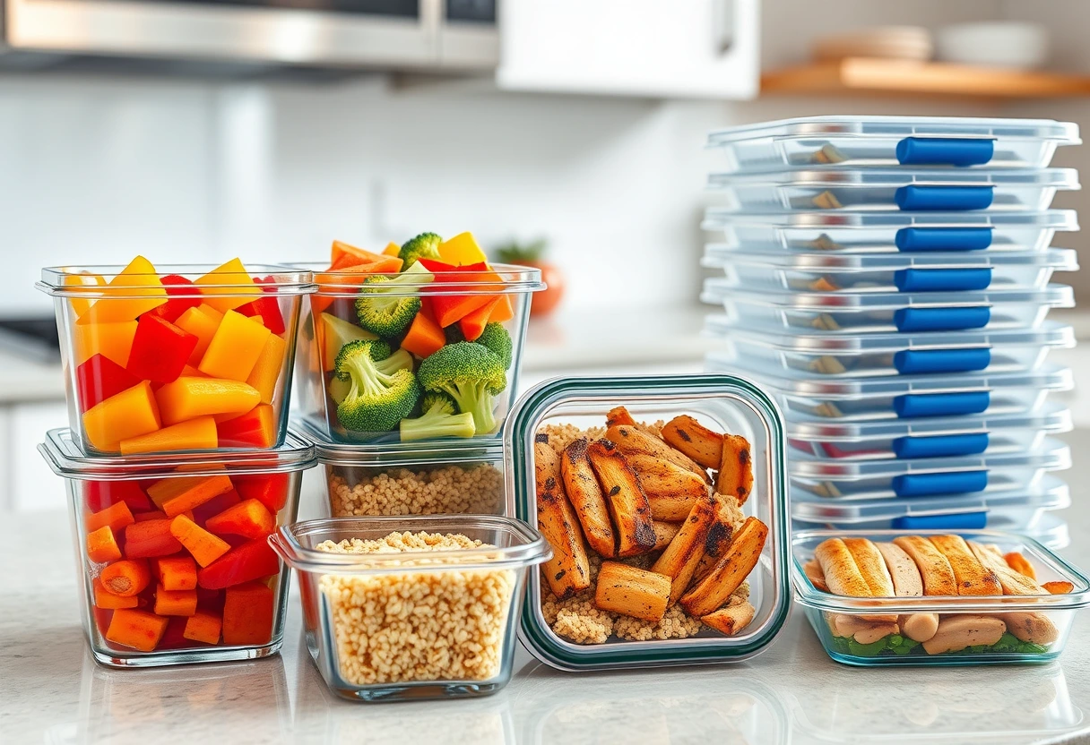 A diverse assortment of pre-chopped vegetables and pre-cooked proteins in glass containers, ready for a busy mom’s guide to easy, balanced family meals.
