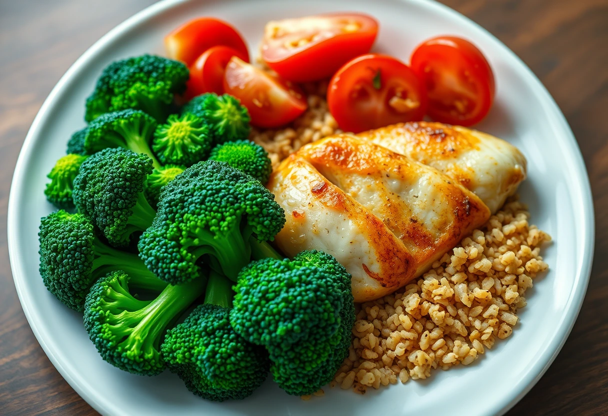 A vibrant, colorful plate of food with various vegetables, lean protein, and whole grains, exemplifying a balanced meal from a busy mom’s guide to easy, balanced family meals.