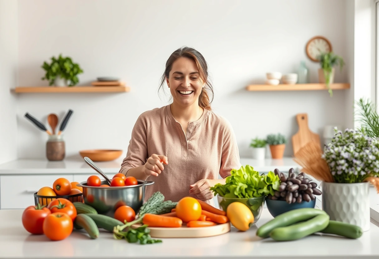 A busy mom smiling while effortlessly preparing a healthy family meal in a clean, modern kitchen, surrounded by fresh ingredients. The image depicts a stress-free cooking environment, embodying the essence of a busy mom's guide to easy home cooking.