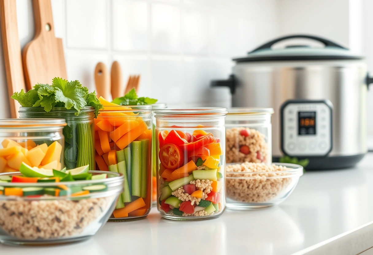 A modern kitchen counter with a variety of prepped ingredients, including chopped vegetables in containers, cooked grains, and a slow cooker simmering. The scene emphasizes time-saving cooking hacks and batch cooking, highlighting the practical aspects of a busy mom's guide to easy home cooking.
