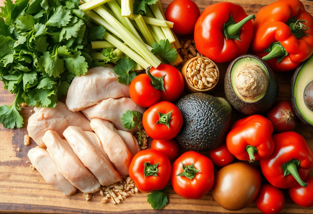 A colorful array of simple, healthy ingredients like fresh fruits, vegetables, lean proteins, and whole grains arranged beautifully on a cutting board, emphasizing nutritious family meals and simple ingredient swaps for a busy mom's guide to easy home cooking.