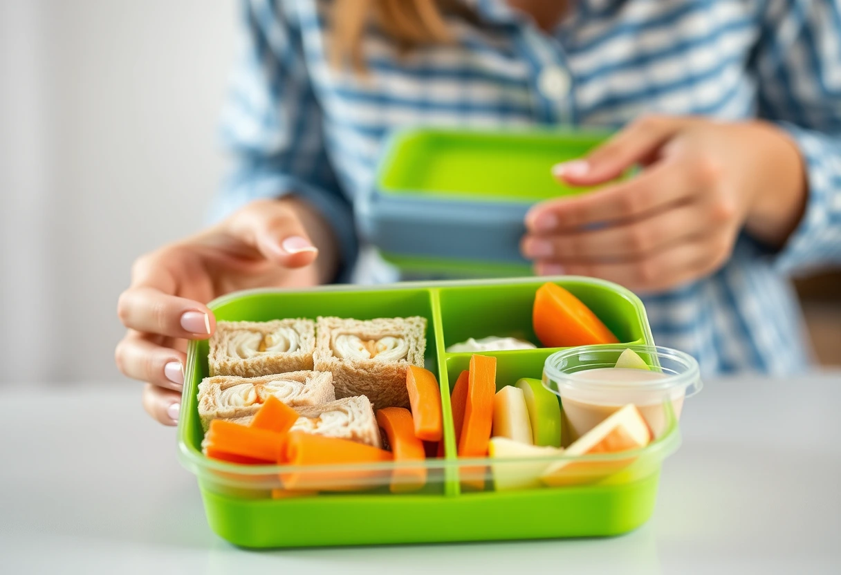A busy mom packing a colorful, easy kid lunch into a lunchbox, surrounded by fresh ingredients like apple slices, carrot sticks, and mini sandwiches. The scene is bright and practical, emphasizing efficiency.