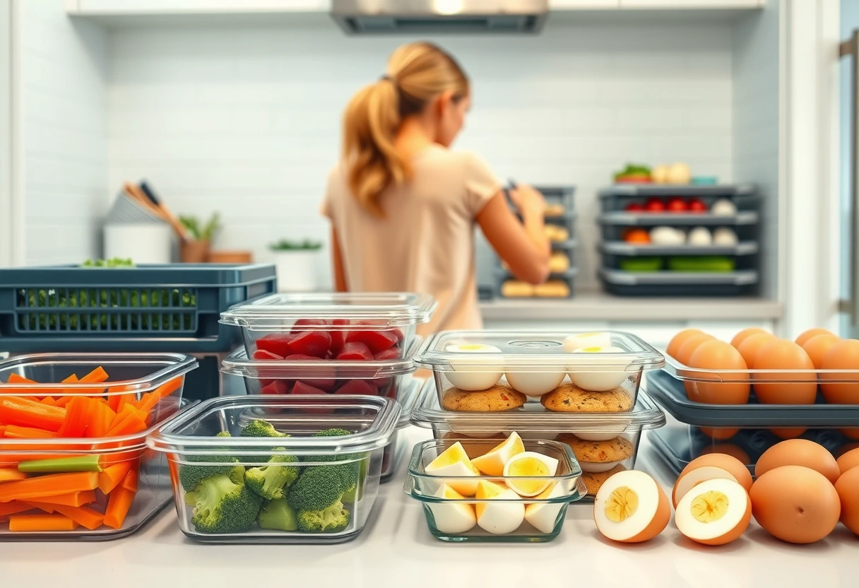 An organized kitchen counter with various meal prep containers, pre-chopped vegetables, and cooked proteins, illustrating efficient strategies for preparing easy kid lunches for the week ahead.