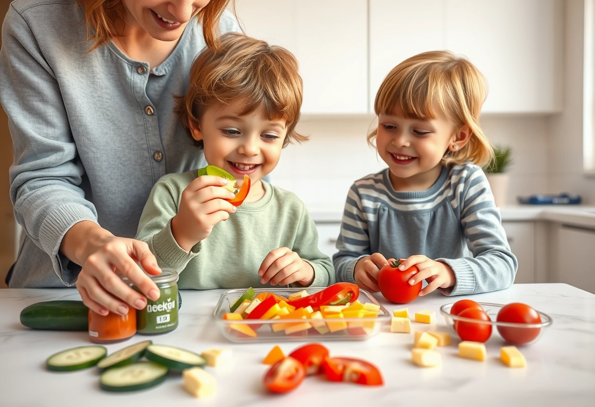 A child enthusiastically helping their mom pack an easy kid lunch, choosing colorful fruits and vegetables. The scene highlights positive interaction and encourages healthy eating habits in a fun way.