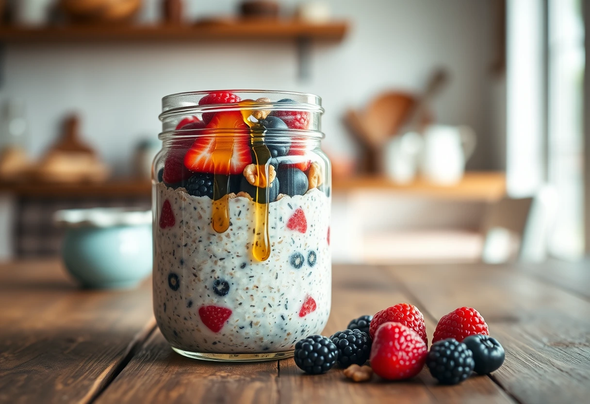 A busy mom's guide to fast, cozy morning meals featuring an inviting bowl of overnight oats with berries and nuts on a wooden table, with a blurred cozy kitchen background. The image evokes a sense of easy breakfast solutions.