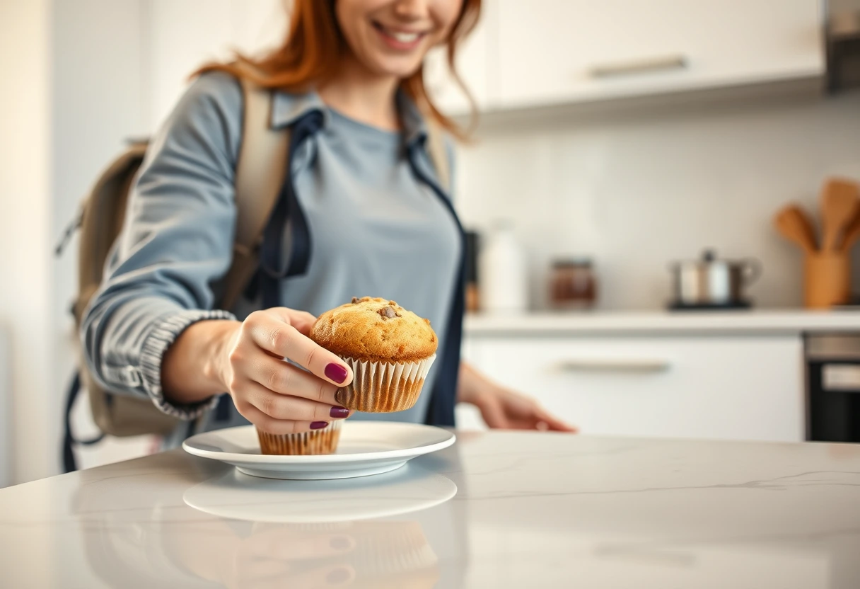 A busy mom is quickly grabbing a homemade breakfast muffin from a plate on a kitchen counter. The scene shows the efficiency of quick breakfast ideas, with a blurred background of a cozy kitchen space, suggesting stress-free mornings.