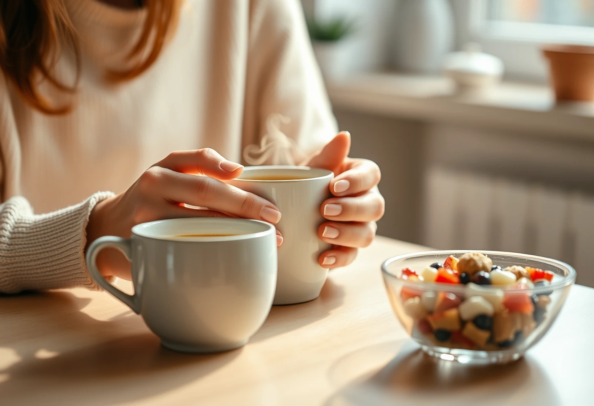A busy mom is enjoying a quick but cozy morning meal at a simple, warm-lit kitchen table, with a steaming mug and a healthy breakfast bowl. The setting emphasizes creating a cozy breakfast nook even during rushed times, highlighting the success of her stress-free mornings.