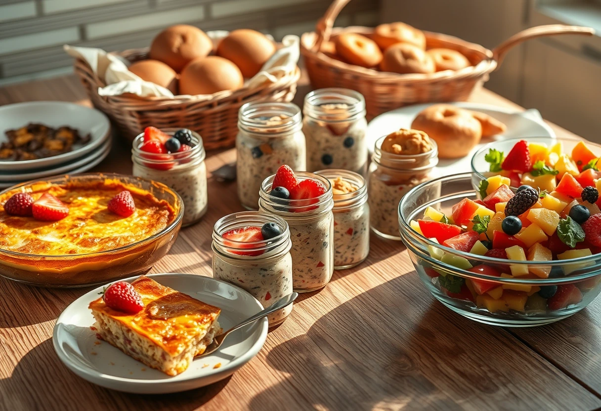 A busy mom effortlessly serving a beautiful, relaxed brunch spread with various make-ahead dishes and fresh fruit, surrounded by smiling guests in a bright, inviting home setting. Focus on the ease and joy of the event, highlighting the benefits of a relaxed brunch for busy mothers.