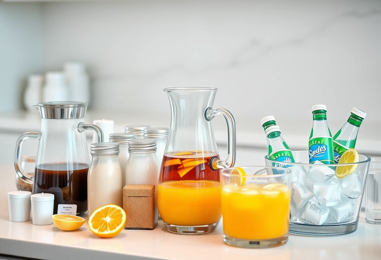A perfectly set brunch table, buffet style, with a variety of colorful dishes, fresh flowers in a simple vase, and soft natural lighting creating an inviting, relaxed atmosphere for a casual gathering. Focus on ease and beauty of setting for a busy mom hosting a relaxed brunch.
