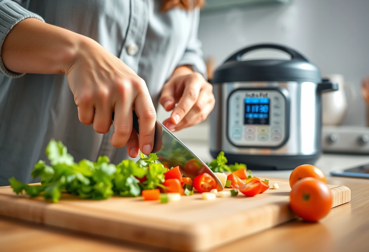 A busy mom smiling while effortlessly preparing a kid-friendly dinner in a modern kitchen, showcasing efficient meal prep.