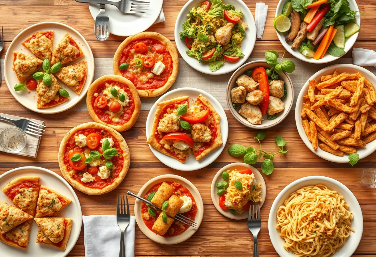 A vibrant and appetizing spread of kid-friendly dinner classics, like mini pizzas and colorful veggie skewers, perfectly arranged for a busy mom’s guide.