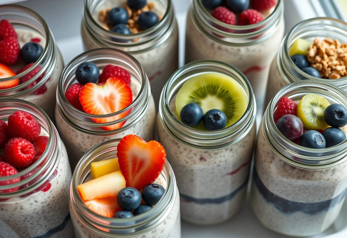 A busy mom smiling while stirring a jar of overnight oats, surrounded by fresh berries and nuts, illustrating a quick breakfast for busy moms.