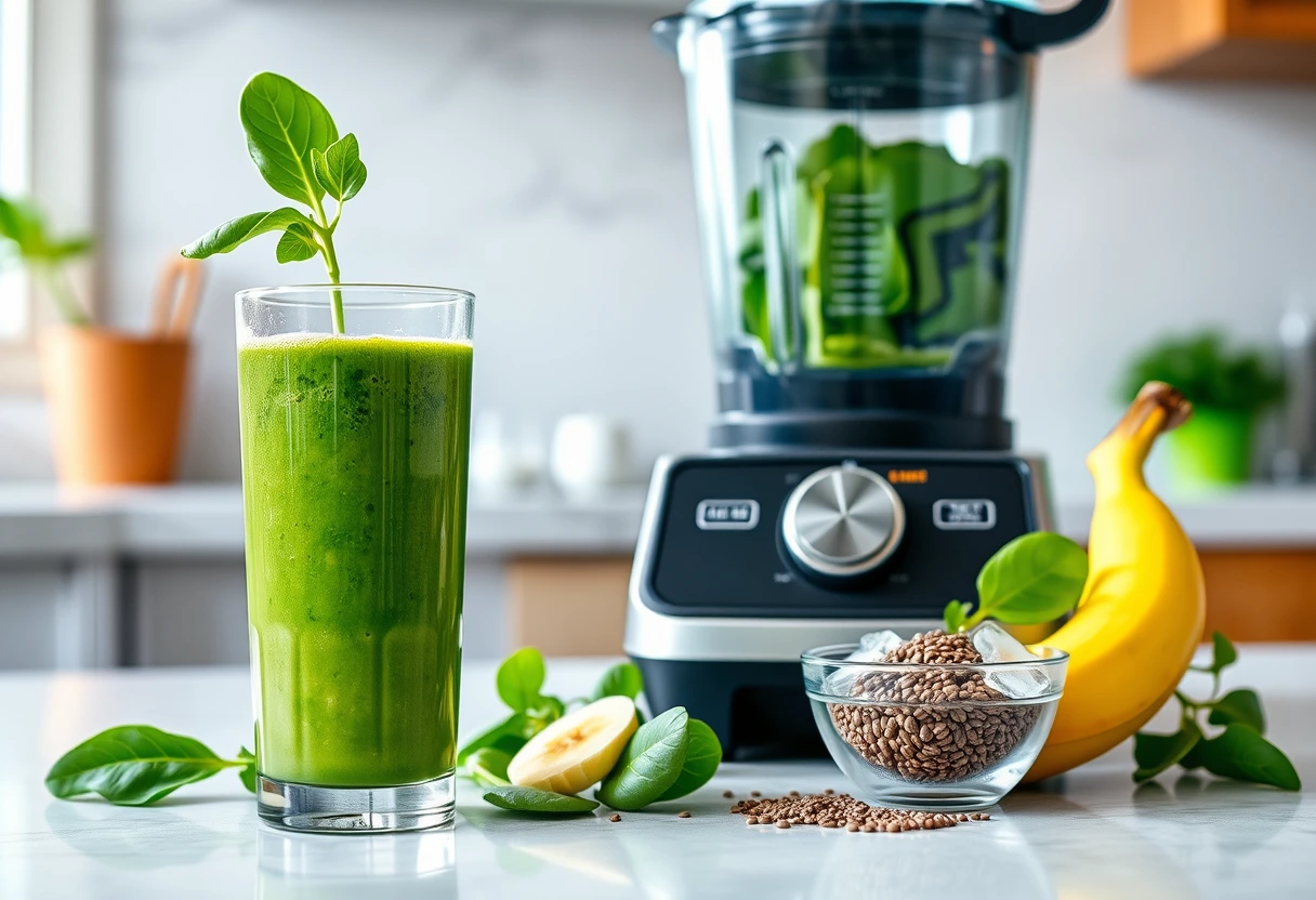 A vibrant green smoothie in a glass next to a blender, with fresh spinach, banana, and chia seeds scattered around, emphasizing a light but filling breakfast for busy moms.