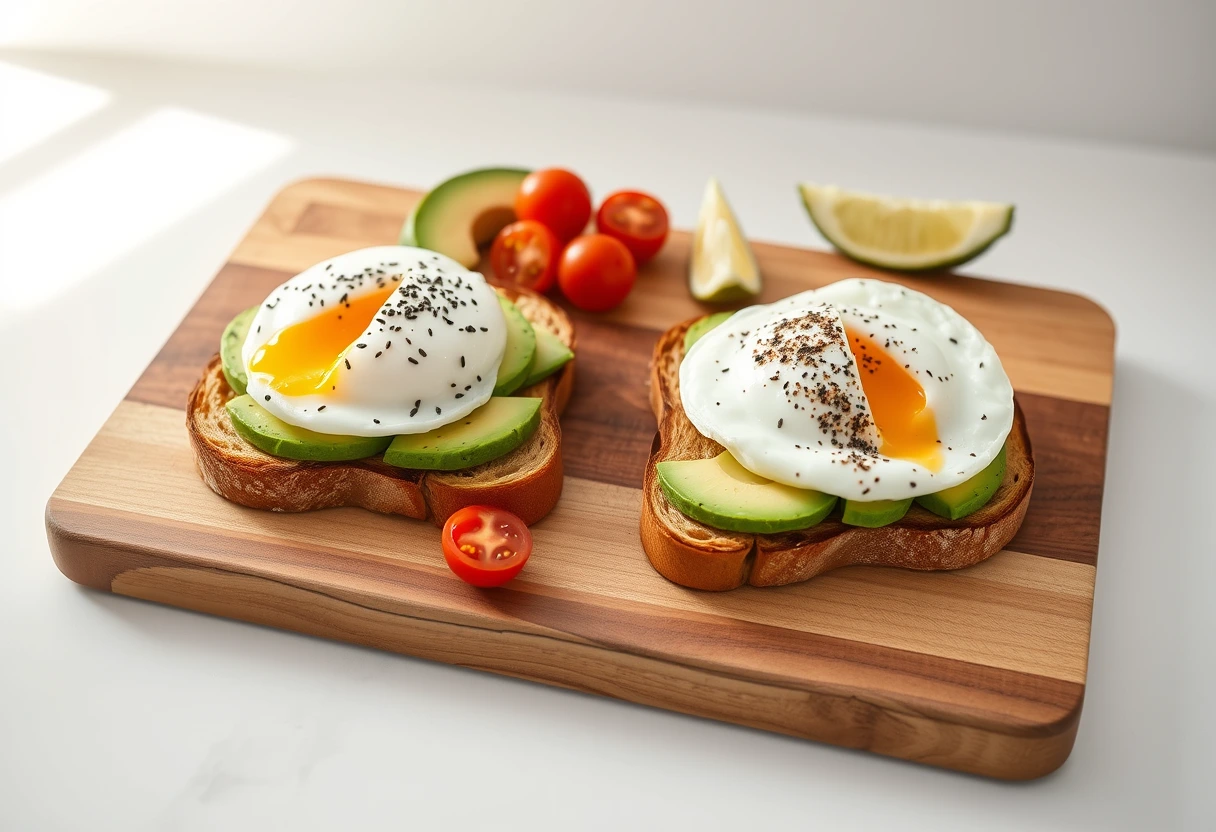 A neatly arranged plate with two slices of avocado toast, one topped with a poached egg and the other with everything bagel seasoning, perfect for a busy mom's breakfast.