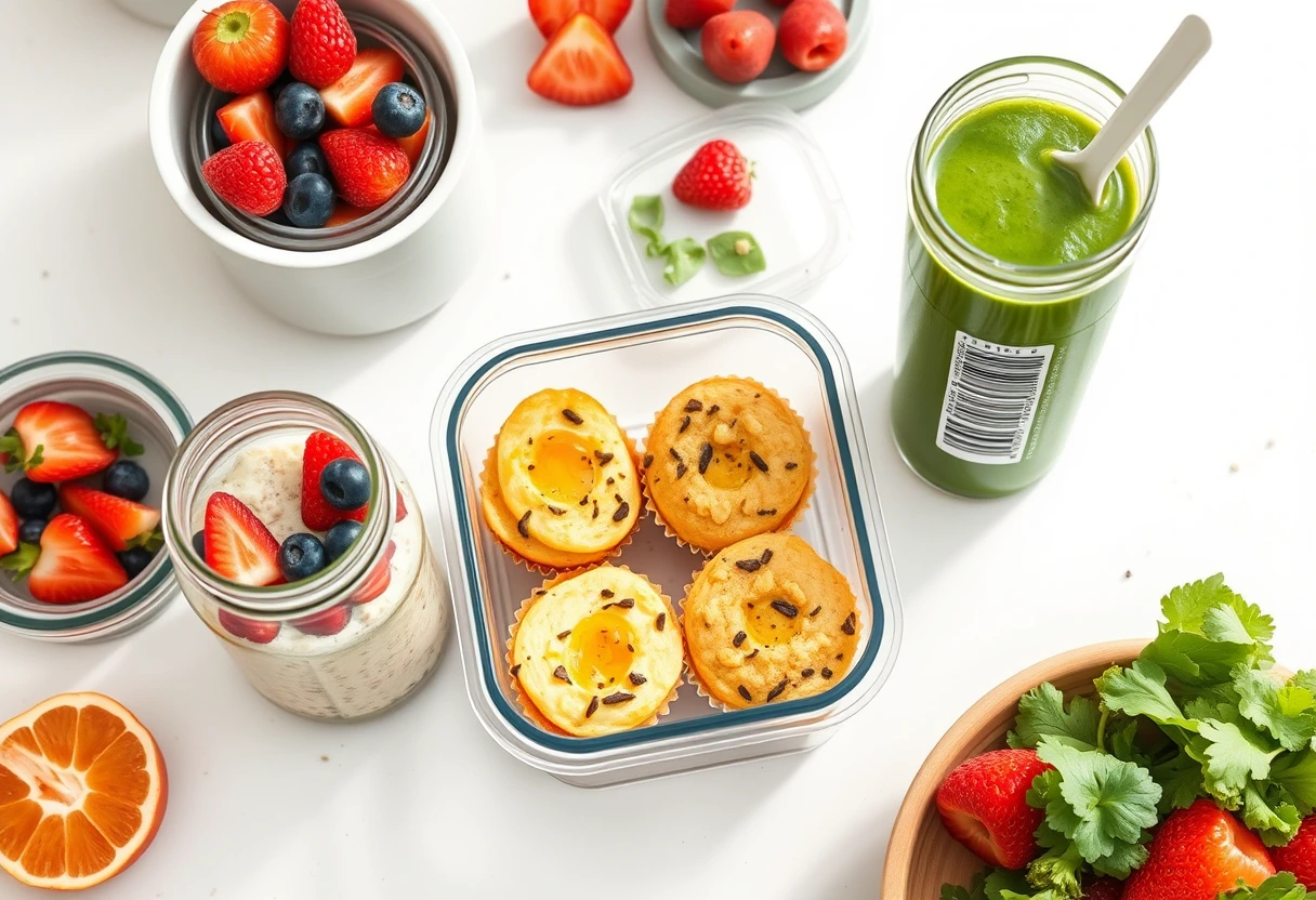 A spread of various low-calorie breakfast options, including overnight oats and egg muffins, demonstrating practical meal prep for a busy mom's guide to low-calorie breakfast options.