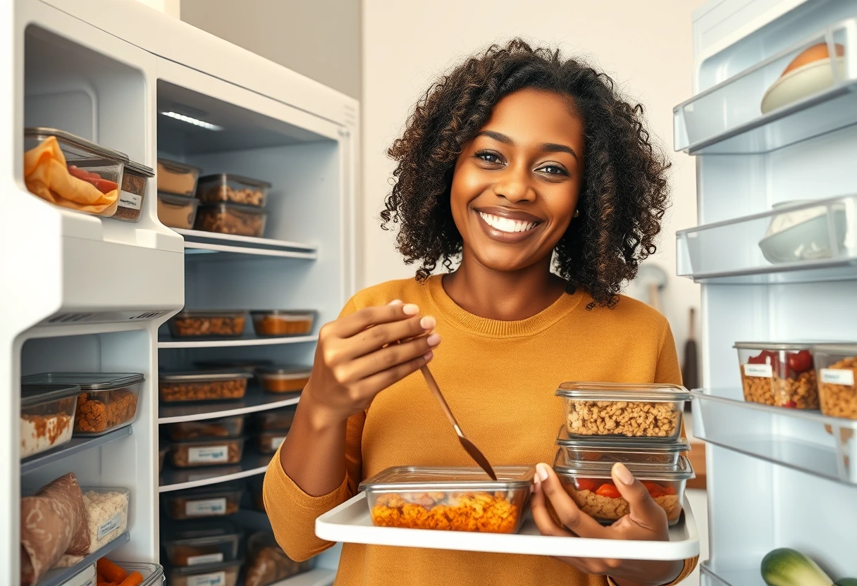 A busy mom smiling while effortlessly pulling a pre-made meal from a well-stocked freezer, representing the ease of make-ahead freezer meals.