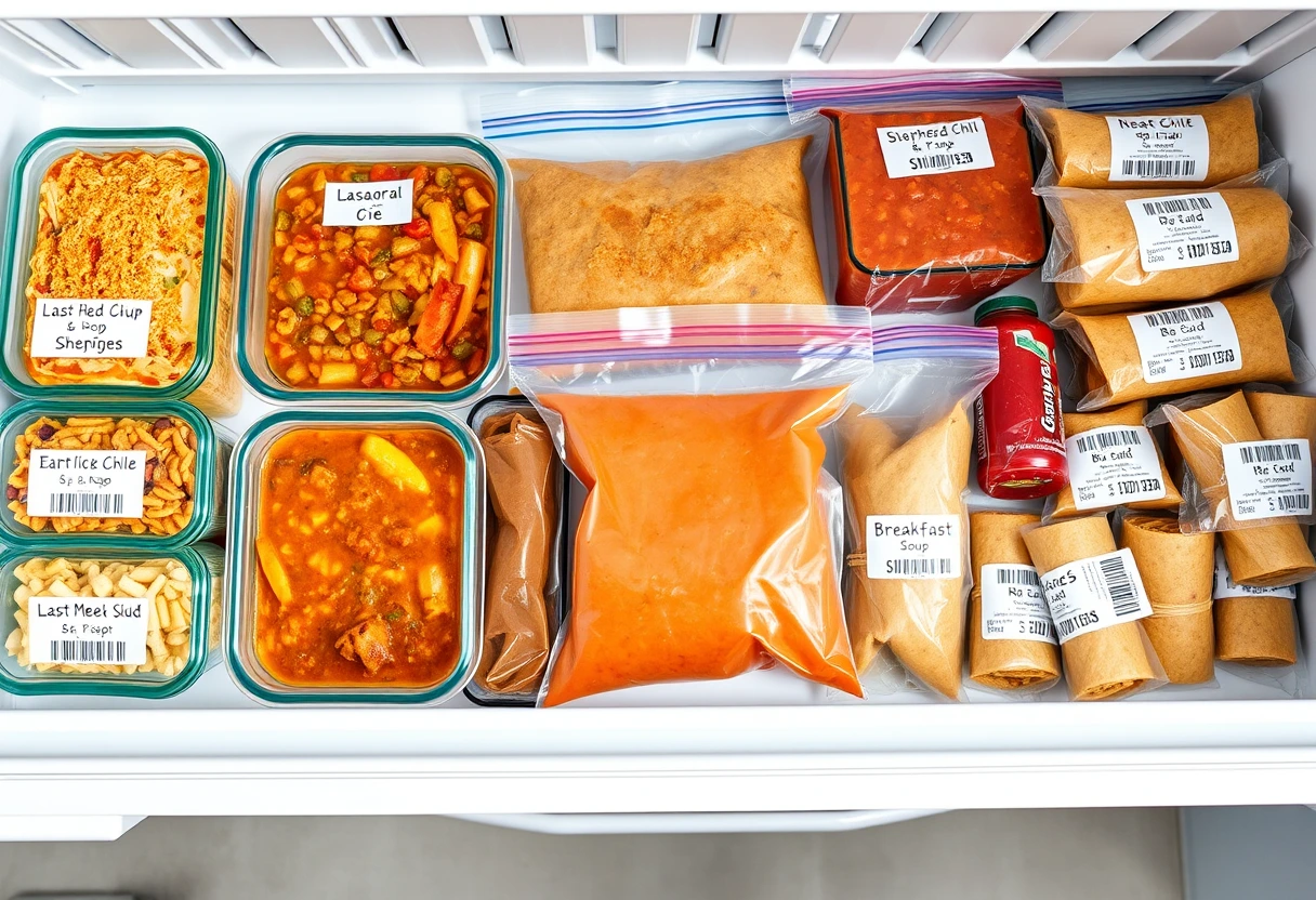 A variety of neatly organized frozen meals in reusable containers, showing different categories like casseroles, soups, and breakfast items, emphasizing make-ahead freezer meals for busy moms.
