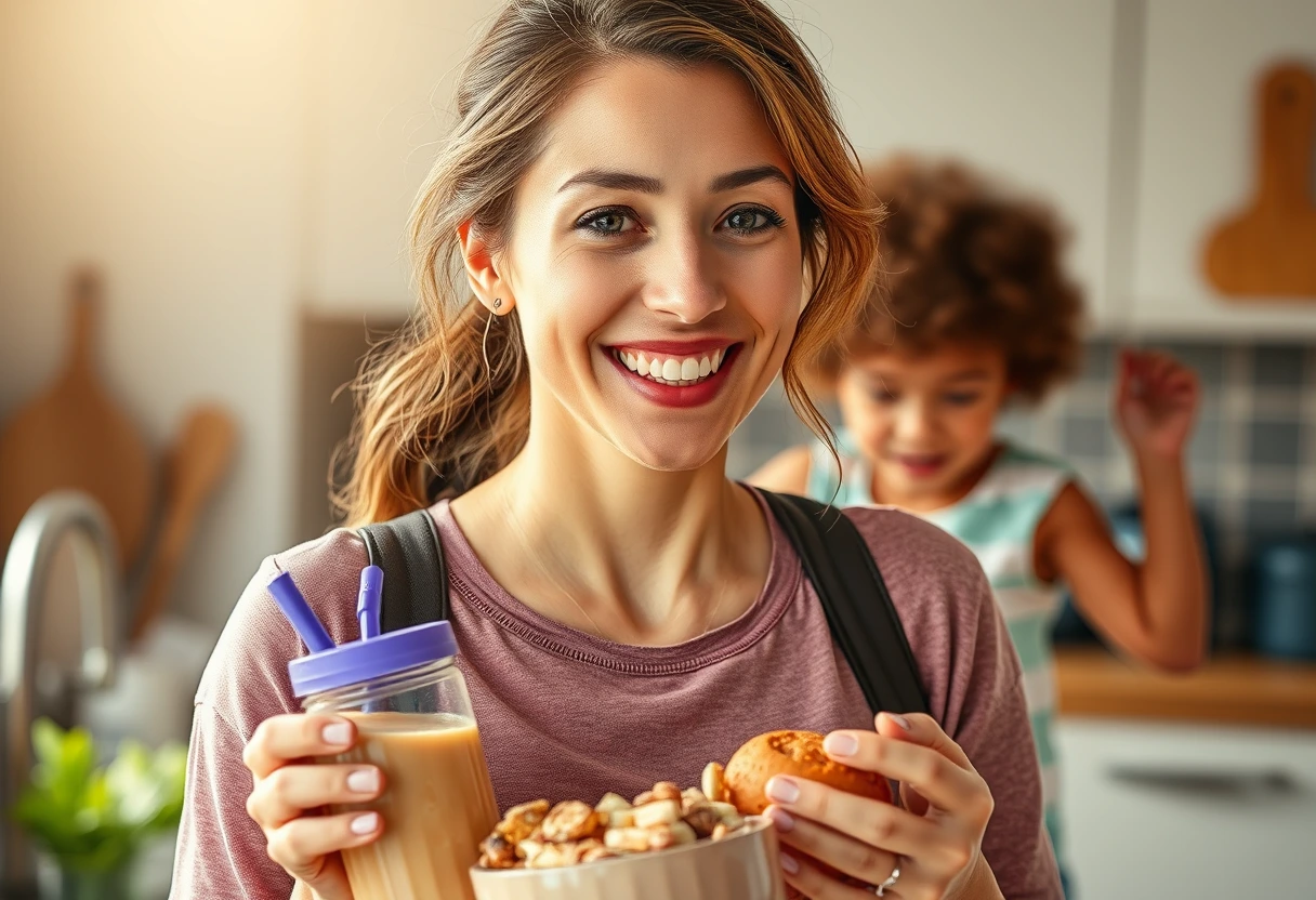 A busy mom smiling while preparing a healthy, protein-rich breakfast, surrounded by fresh ingredients and kitchen tools, embodying an efficient approach to busy mom's protein-packed breakfasts.