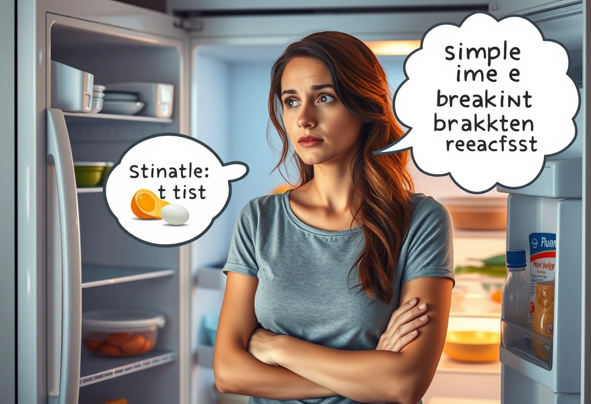 A tired but determined busy mom looking at an empty fridge, brainstorming quick solutions for a healthy, protein-packed breakfast, with a thought bubble showing easy meal prep options.