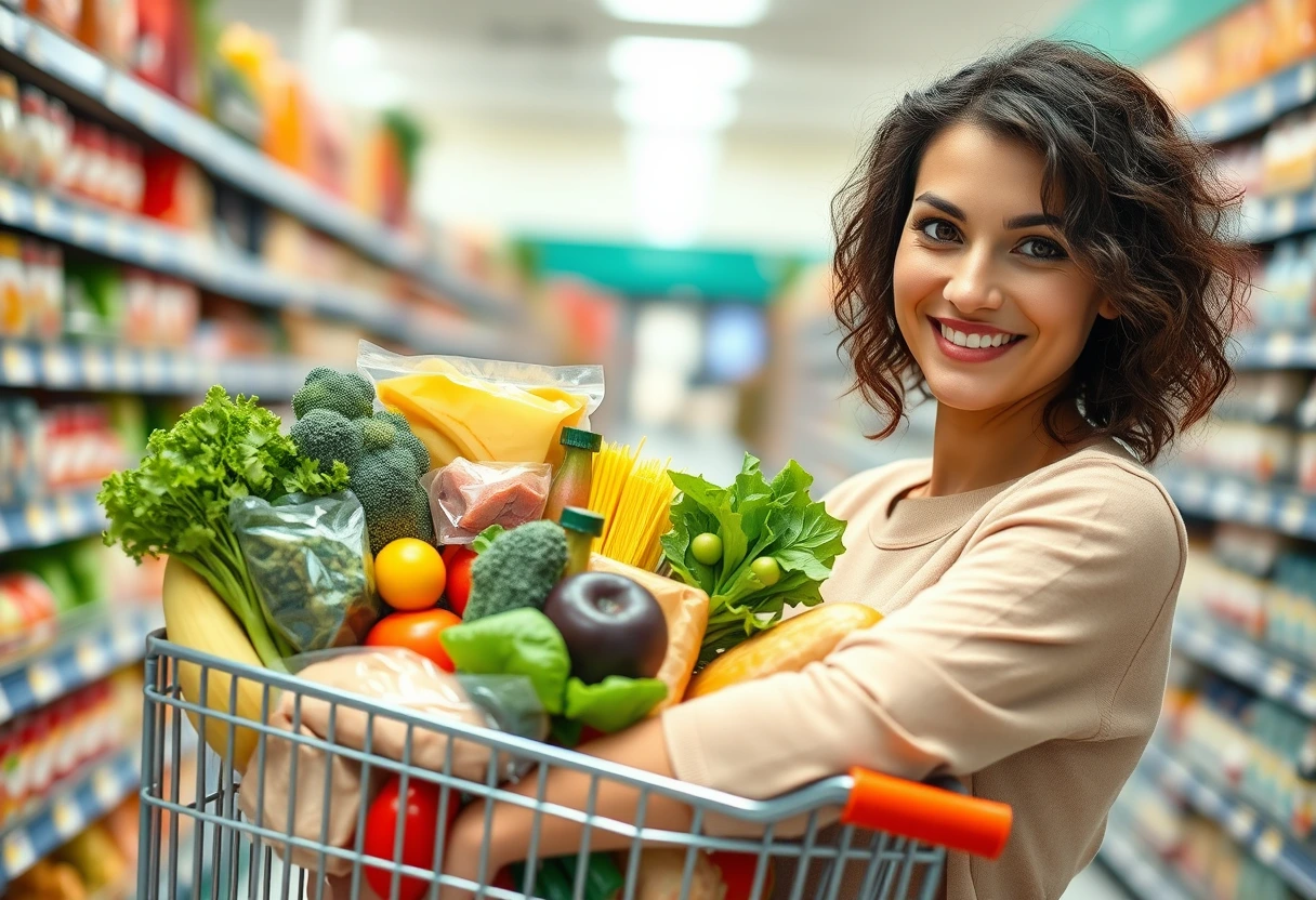A busy mom pushing a shopping cart filled with fresh produce and pantry staples, smiling, demonstrating smart shopping for quick family meals.