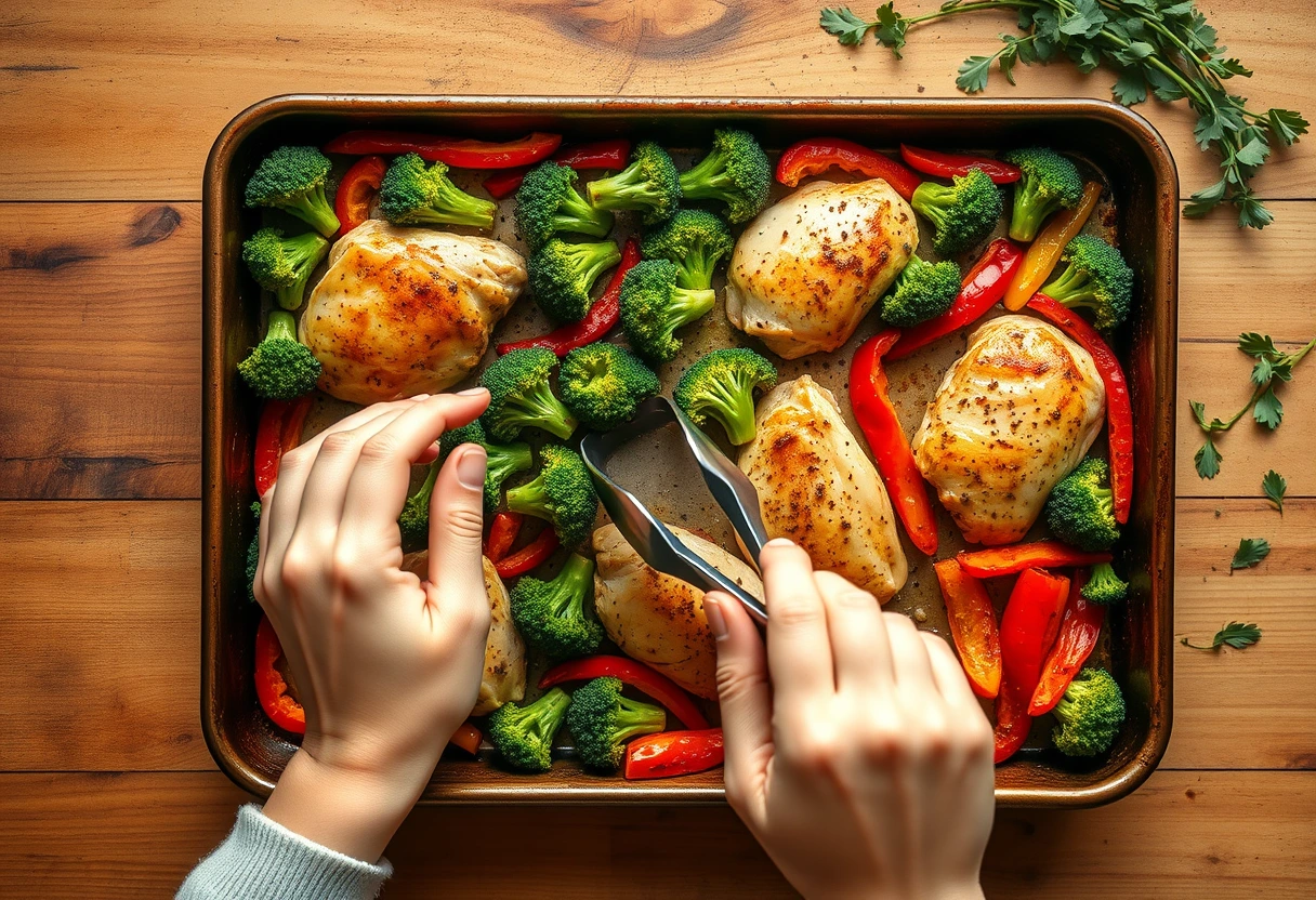 A colorful sheet pan dinner with roasted chicken, broccoli, and bell peppers, ready to be served, illustrating a quick family meal.
