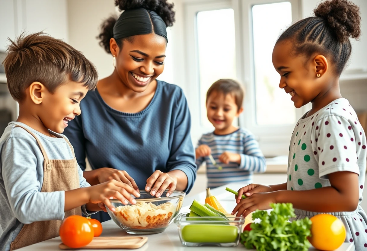 A family, including a mom and two young children, happily preparing a meal together in a bright kitchen, emphasizing family involvement in quick meal prep.