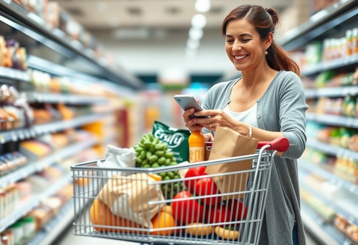 A busy mom confidently pushing a grocery cart filled with healthy ingredients, a detailed shopping list in hand, smiling amidst a brightly lit supermarket aisle. This image embodies a smart approach to family meals.