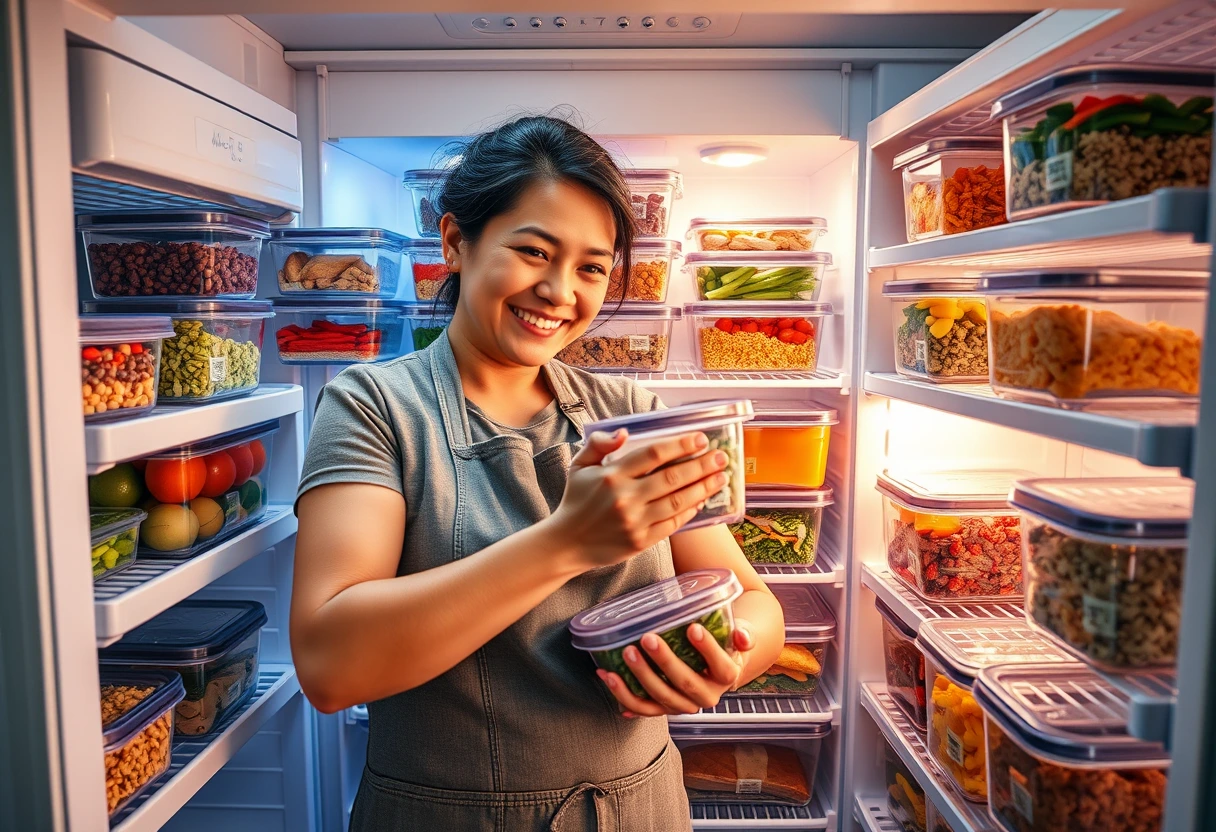 A busy mom efficiently organizing containers of pre-made meals in a freezer, labeled and stacked neatly. This visually represents the benefit of freezing meals for simplified family meals.