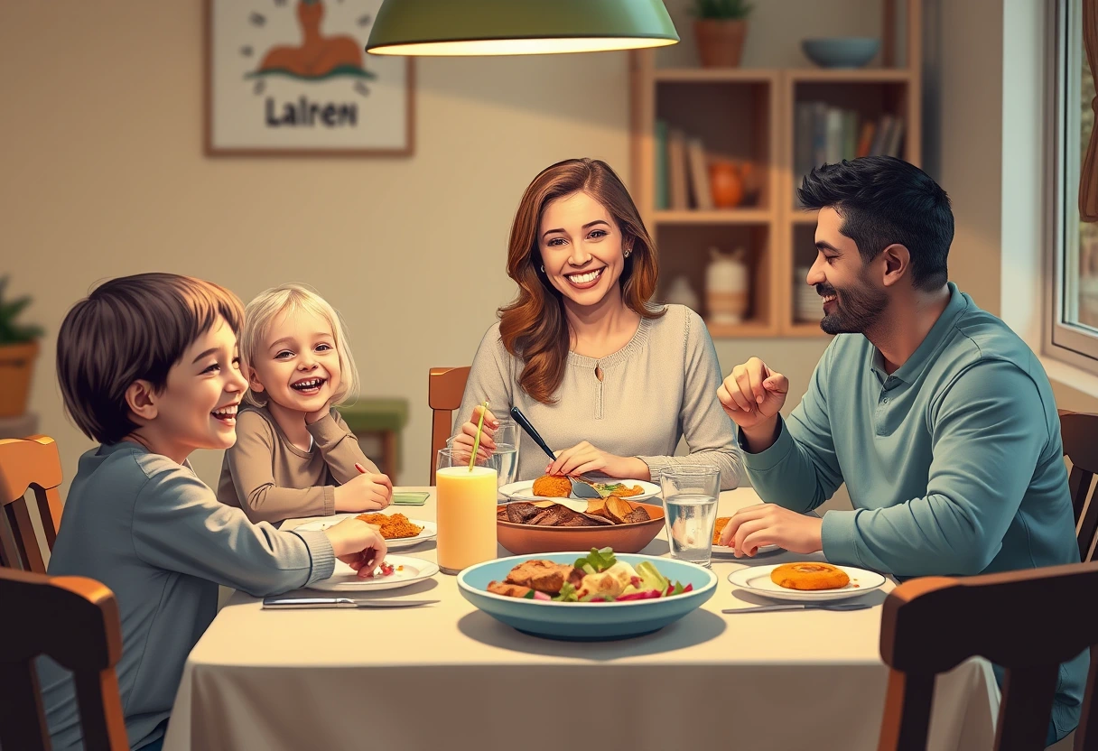 A relaxed busy mom smiling, enjoying a meal with her family around a cozy dinner table, emphasizing the joy and flexibility in family meal times. This illustrates the positive outcome of a guide to stress-free family meals.
