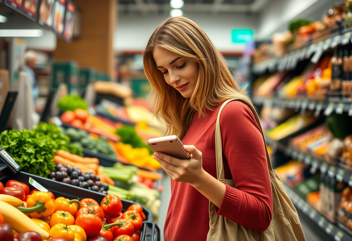 A woman at a grocery store, with a well-organized shopping list, selecting fresh produce, showcasing smart grocery runs as part of a busy mom's guide to weekly meal success.