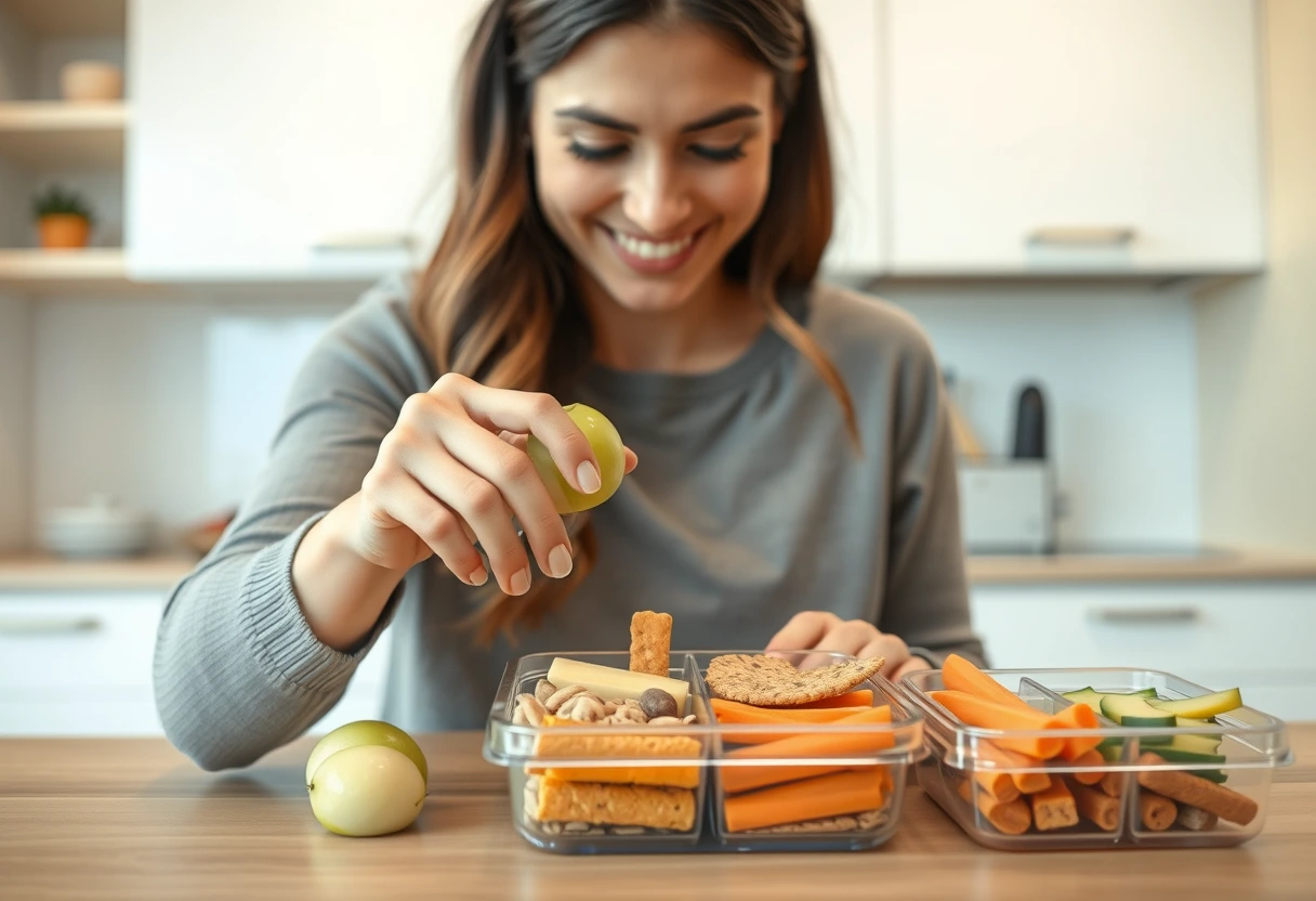 A busy mom smiling while packing a lunchbox with a variety of healthy snacks for her kids, including sliced apples, cheese sticks, and whole-wheat crackers. The image highlights smart snack choices for youngsters in a clean, modern kitchen setting.