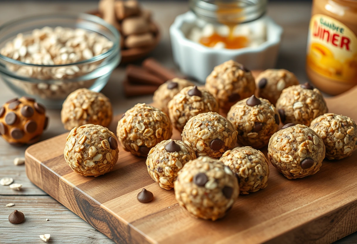 A close-up of homemade no-bake energy balls made with oats, nut butter, and honey, displayed on a wooden board. The scene suggests easy, nutritious options for kids, emphasizing time-saving healthy eating for kids.