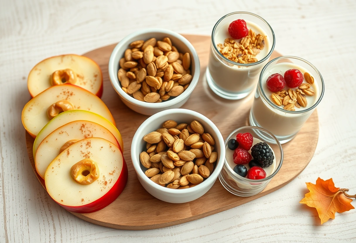 A vibrant assortment of autumn-themed healthy snacks for kids, including apple slices with nut butter and cinnamon, pumpkin seeds, and small cups of yogurt with granola, set on a rustic wooden table. The image represents the joy of nutritious options for youngsters.
