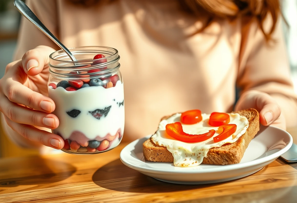 A busy mom serving her child a high-protein breakfast of scrambled eggs and whole-wheat toast, demonstrating busy mom's high-protein meal ideas for growing kids.