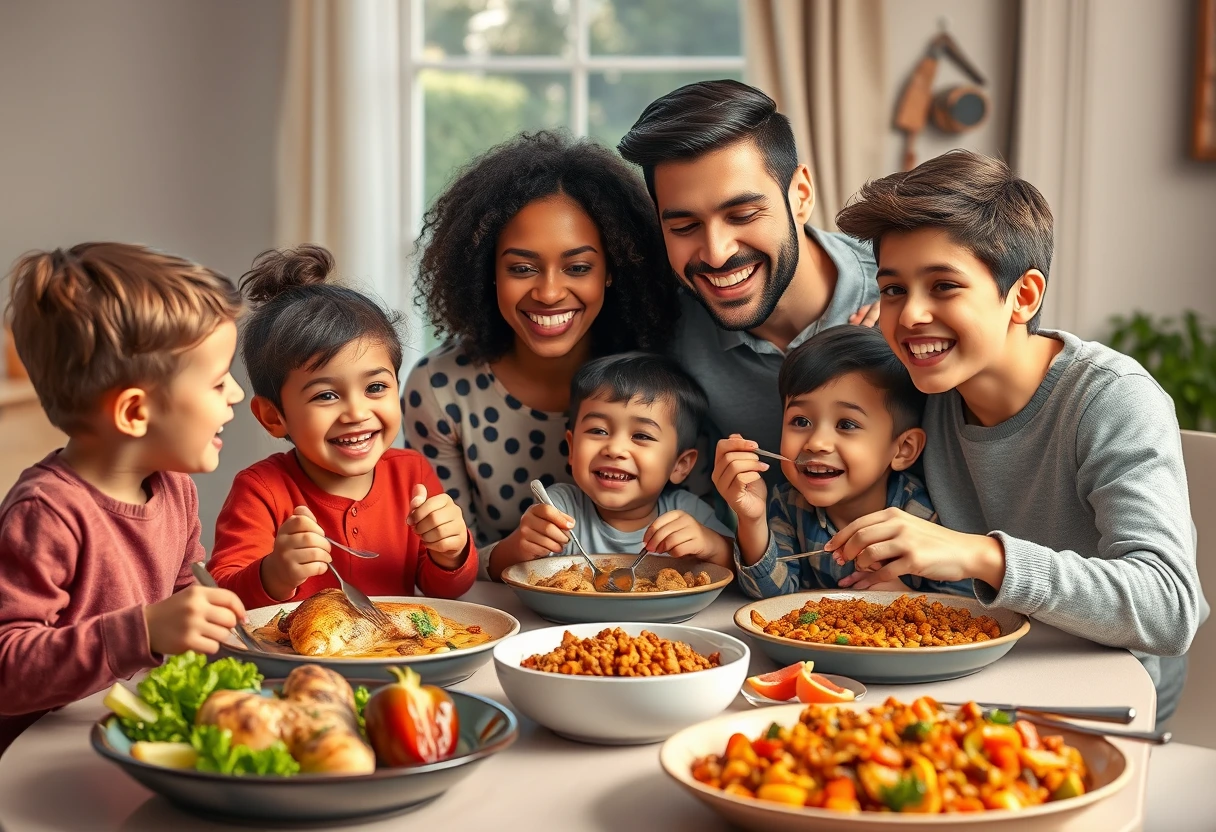 A family enjoying a healthy dinner with a focus on protein, showcasing busy mom's high-protein meal ideas for growing kids.