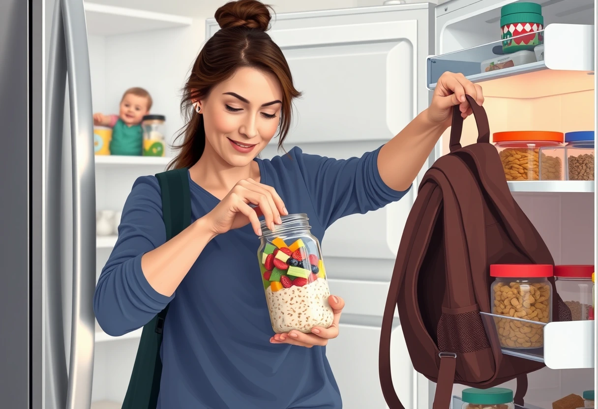 A busy mom quickly grabbing a jar of colorful overnight oats from the fridge, ready to eat, symbolizing quick breakfast options for busy parents.