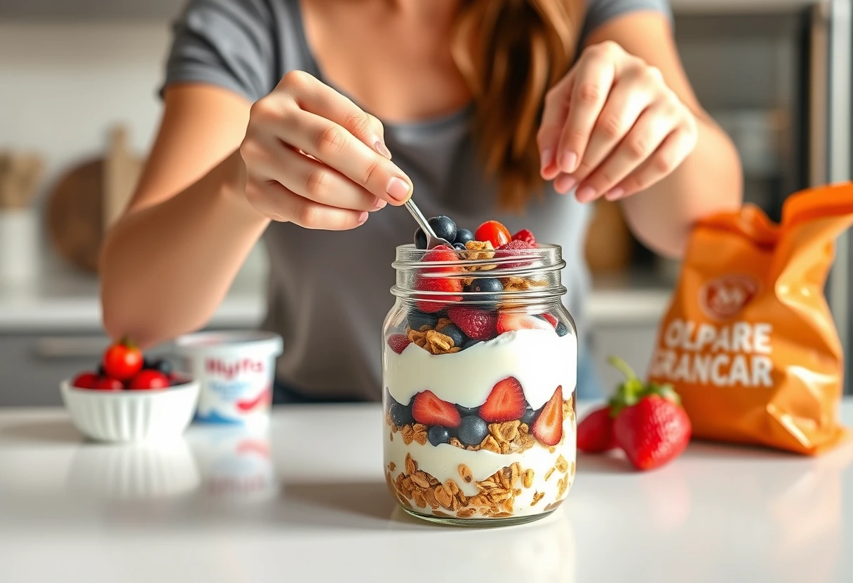 A busy mom quickly assembling a colorful yogurt parfait in a glass jar, demonstrating a healthy grab-and-go breakfast solution.